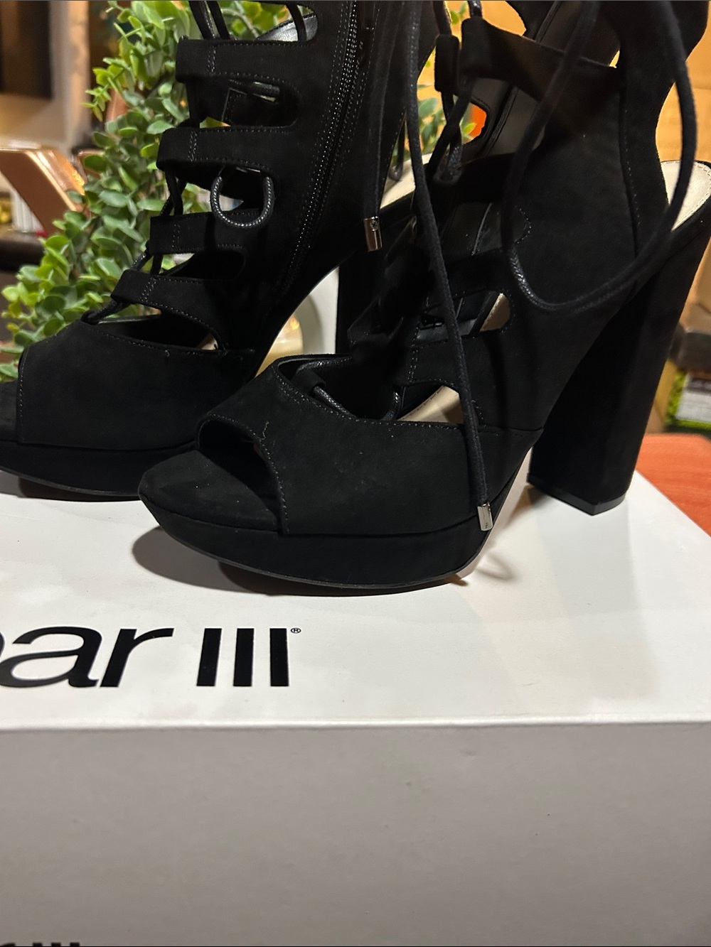 Bar III Black Lace-Up Platform Block Heel Sandals - Brand: